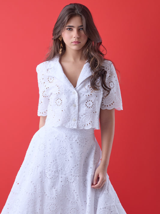 Con un diseño delicado y femenino, esta blusa corta presenta bordado calado en todo su contorno, aportando textura y un aire artesanal. El cuello camisero, la silueta relajada y las mangas cortas estructuradas la convierten en una prenda ideal para looks frescos y elegantes. Perfecta para combinar con faldas de talle alto o pantalones sutiles en ocasiones de día con un estilo impecable.