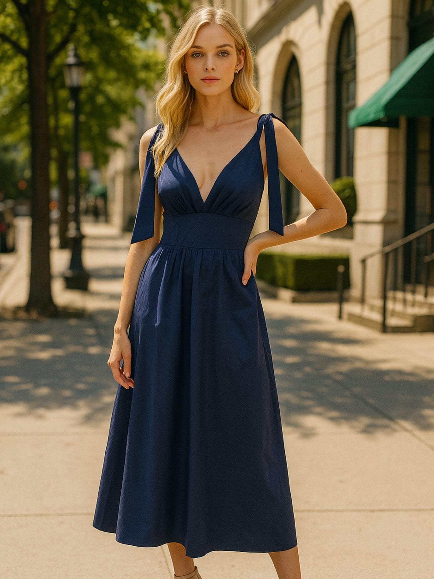 Este vestido presenta un diseño elegante y femenino. Tiene un escote en "V" cruzado que estiliza el busto y una cintura ancha tipo fajón que define la silueta. Los tirantes se anudan sobre los hombros, agregando un toque delicado y ajustable al diseño. La falda cae en corte evasé hasta los tobillos, con una caída fluida que favorece el movimiento. Su estilo atemporal lo hace ideal tanto para eventos de día como para cenas o celebraciones formales. Puede combinarse con tacones o sandalias.
Detalles:
Color: