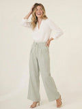 Pantalon largo Megan olivo de pierna ancha con pretina alta y lazo frontal