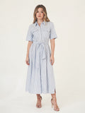 Vestido largo Megana baby blue con rayas, botones frontales y cinturon de tela