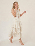 Vestido largo Neyla blanco con falda en capas y diseño cut out