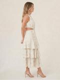 Vestido blanco largo para mujer con escote halter, capas y caída fluida