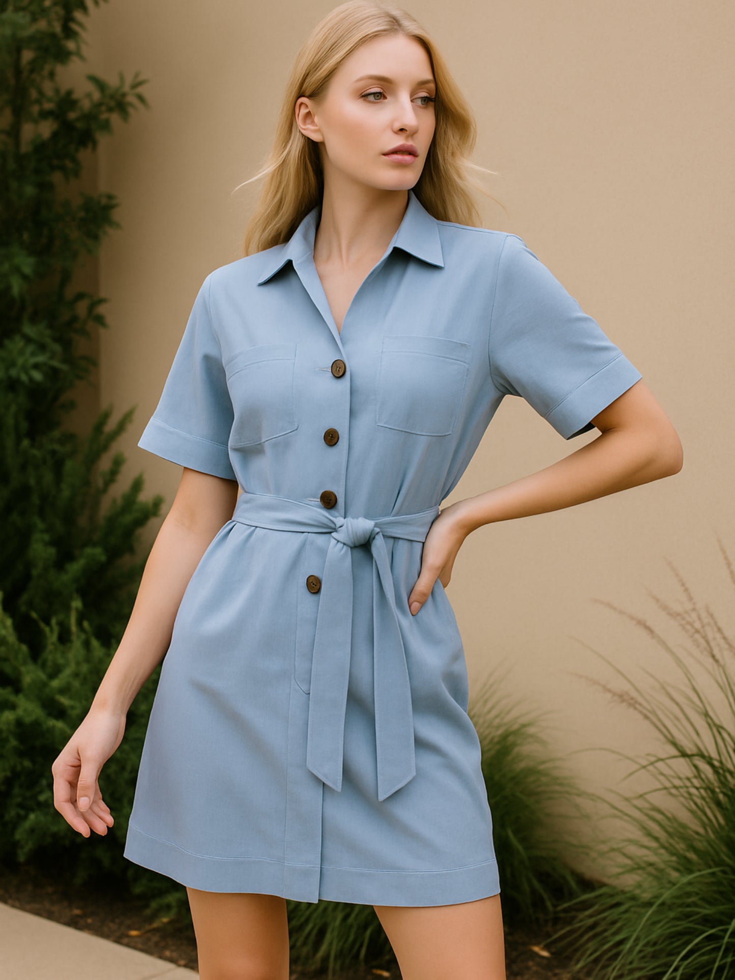 Este vestido camisero de silueta recta combina la estructura de una prenda utilitaria con la frescura de un look contemporáneo. Con cuello tipo solapa, botones frontales contrastantes y bolsillos superiores de parche, incorpora un cinturón del mismo tejido que define la cintura y aporta feminidad. El largo sobre la rodilla lo convierte en una opción versátil para días cálidos, perfecta para el trabajo, una salida casual o un look urbano pulido.
