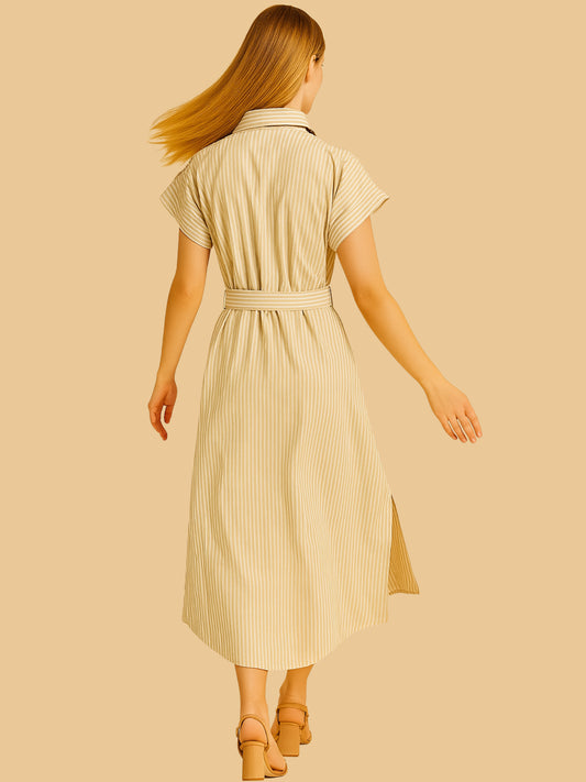 Ligero, dinámico y con silueta definida. Este vestido tipo camisero de largo midi incorpora manga corta, botonadura central y un cinturón con hebilla que acentúa la cintura. Su estructura clásica y caída fluida lo convierten en una opción versátil para el día a día, reuniones informales o salidas con un toque de sofisticación relajada.
